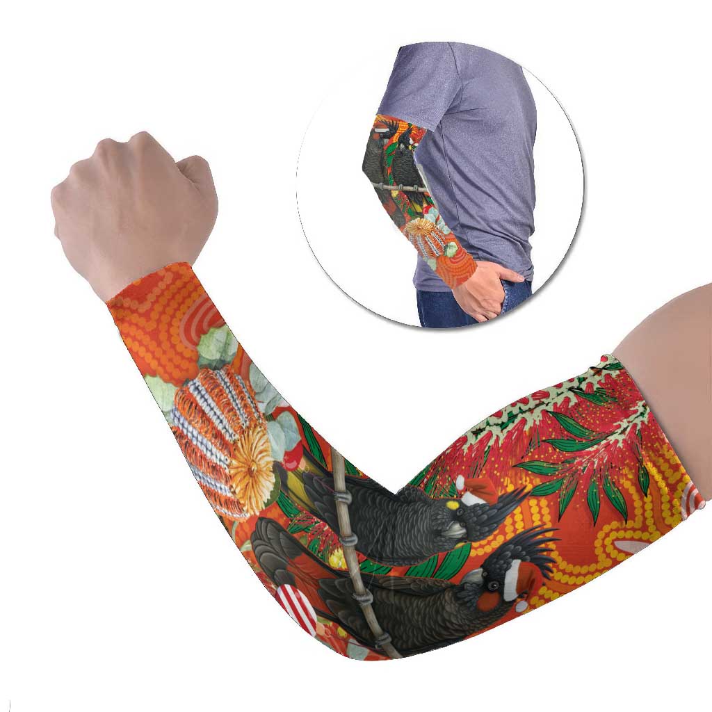 Australia Black Cockatoo Christmas Arm Sleeves Banksia Bottlebrush Aboriginal Art - Aussie Hoodie