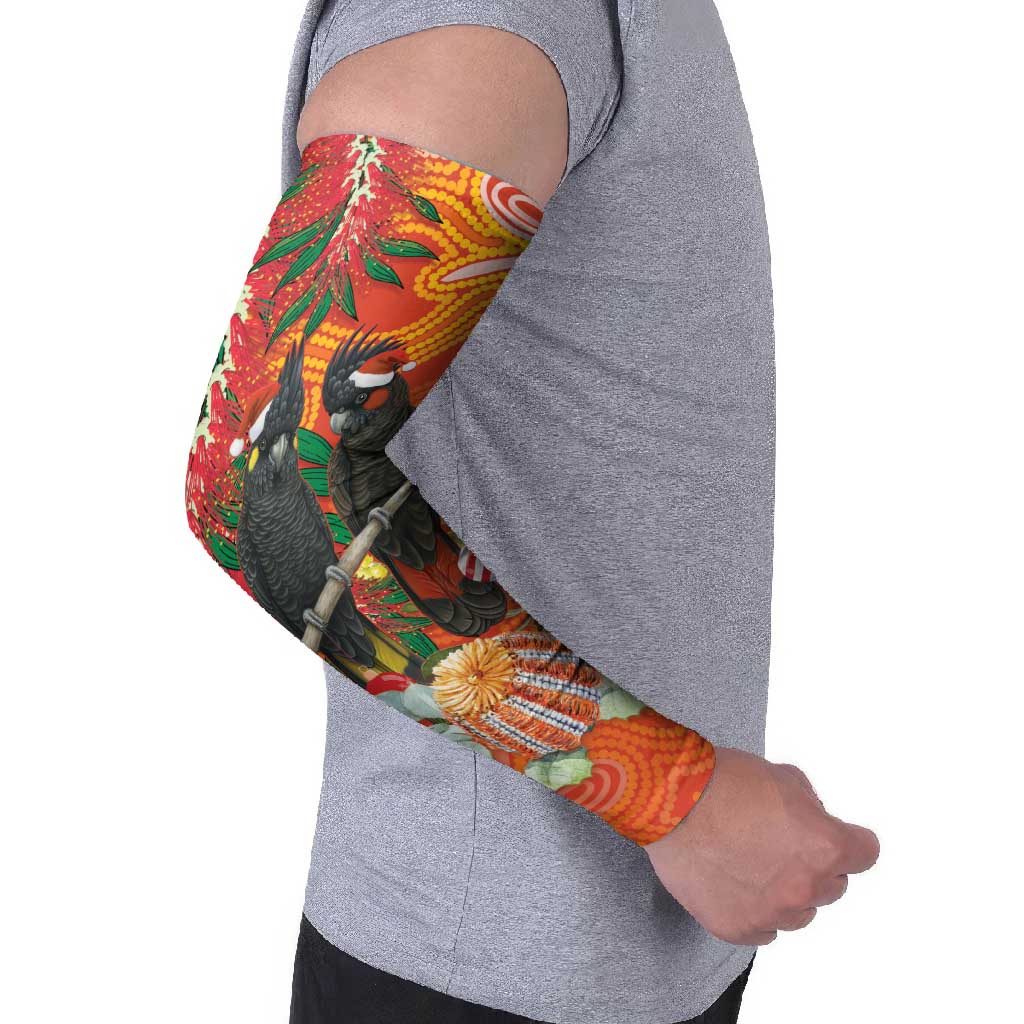 Australia Black Cockatoo Christmas Arm Sleeves Banksia Bottlebrush Aboriginal Art - Aussie Hoodie