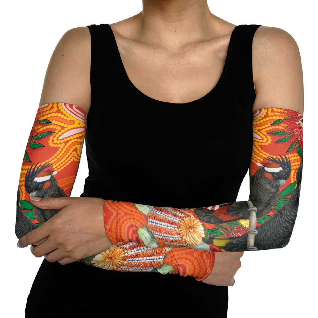 Australia Black Cockatoo Christmas Arm Sleeves Banksia Bottlebrush Aboriginal Art - Aussie Hoodie