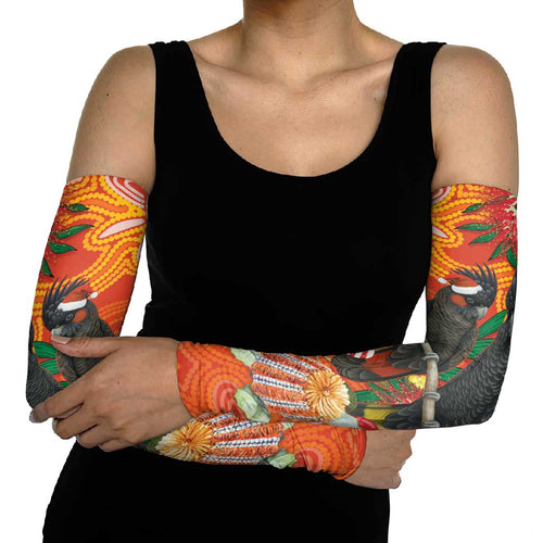 Australia Black Cockatoo Christmas Arm Sleeves Banksia Bottlebrush Aboriginal Art - Aussie Hoodie