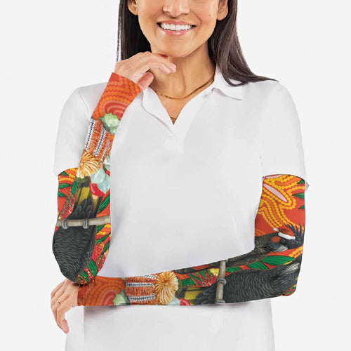Australia Black Cockatoo Christmas Arm Sleeves Banksia Bottlebrush Aboriginal Art - Aussie Hoodie