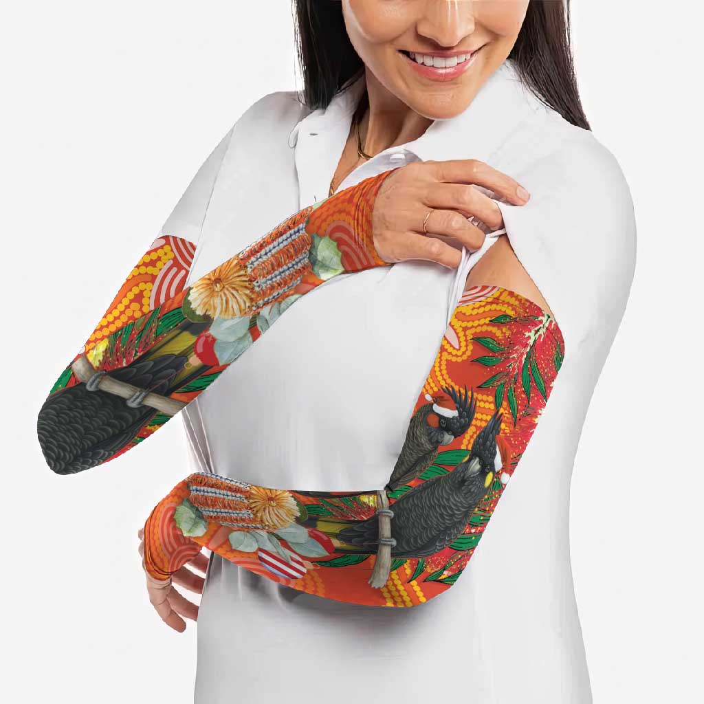 Australia Black Cockatoo Christmas Arm Sleeves Banksia Bottlebrush Aboriginal Art - Aussie Hoodie