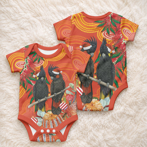 Australia Black Cockatoo Christmas Baby Onesie Banksia Bottlebrush Aboriginal Art