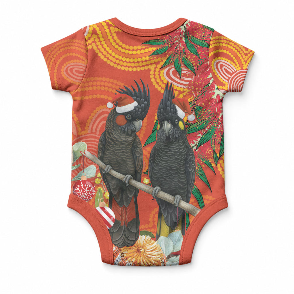 Australia Black Cockatoo Christmas Baby Onesie Banksia Bottlebrush Aboriginal Art