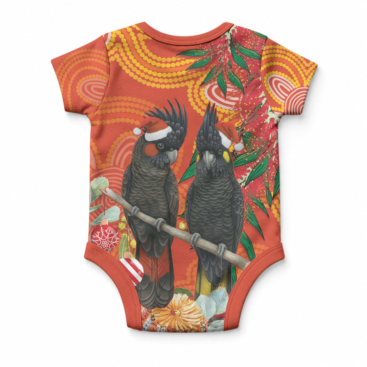 Australia Black Cockatoo Christmas Baby Onesie Banksia Bottlebrush Aboriginal Art
