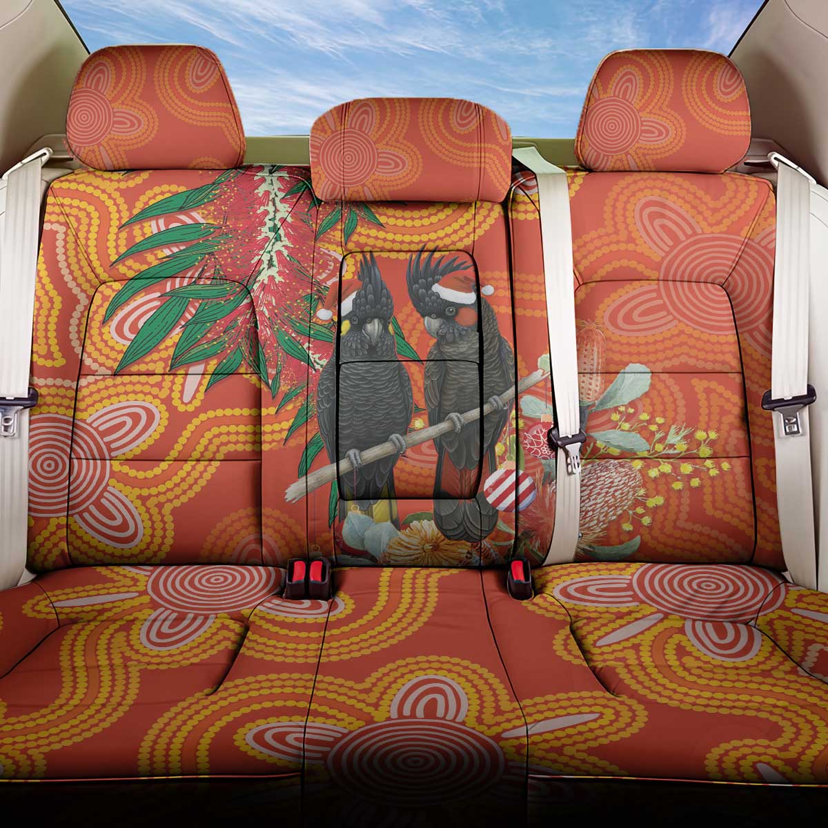 Australia Black Cockatoo Christmas Back Car Seat Cover Banksia Bottlebrush Aboriginal Art - Aussie Hoodie