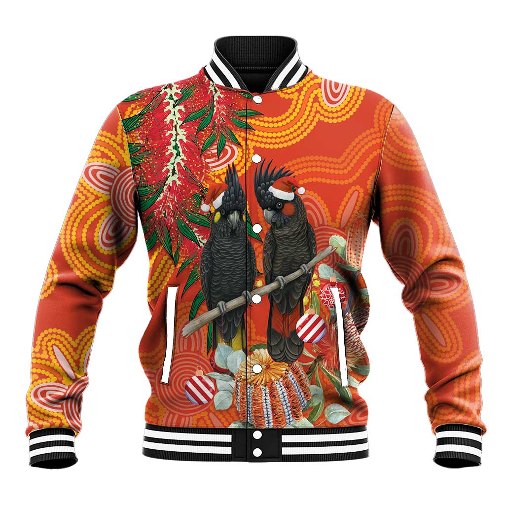 Australia Black Cockatoo Christmas Baseball Jacket Banksia Bottlebrush Aboriginal Art - Aussie Hoodie