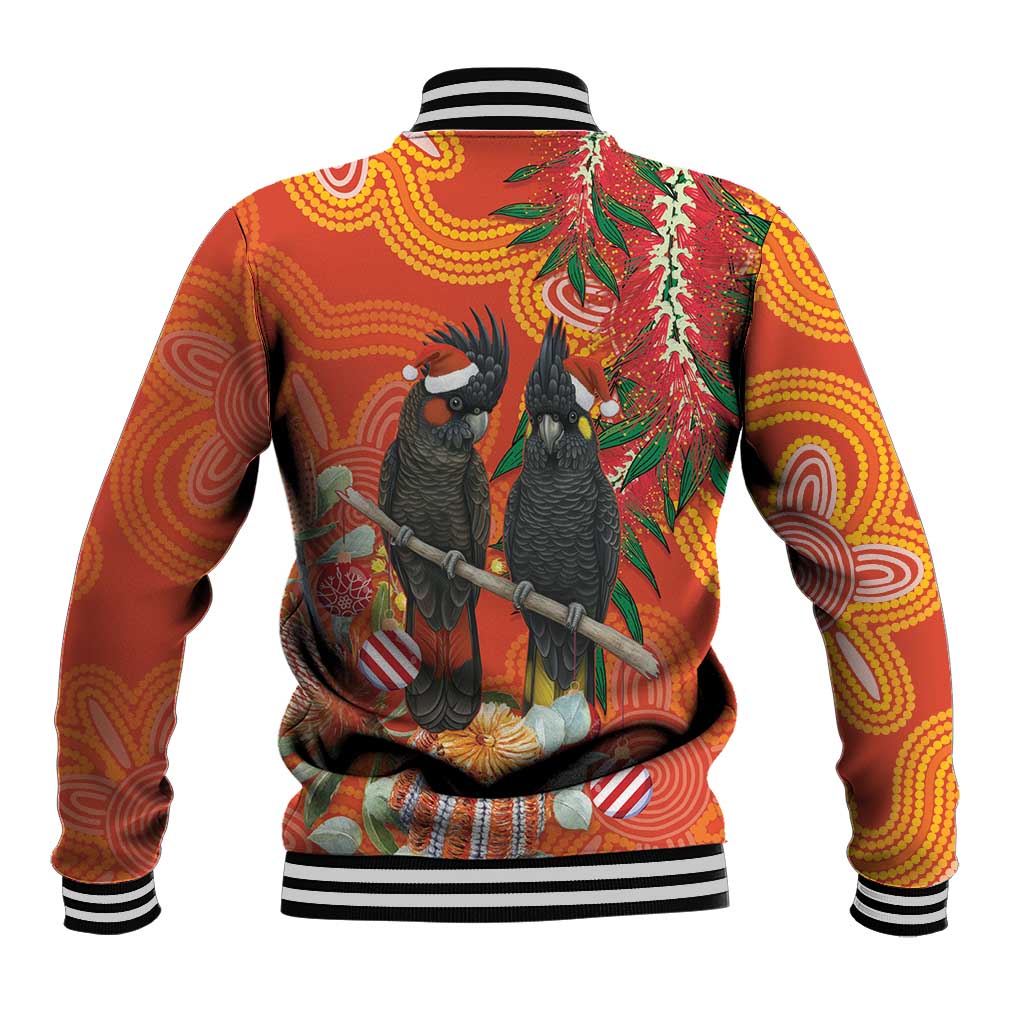 Australia Black Cockatoo Christmas Baseball Jacket Banksia Bottlebrush Aboriginal Art - Aussie Hoodie