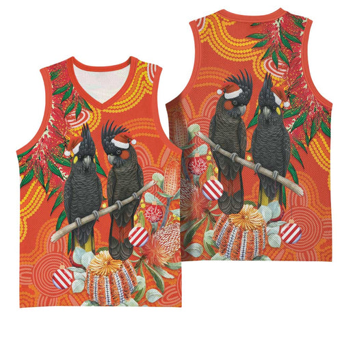 Australia Black Cockatoo Christmas Basketball Jersey Banksia Bottlebrush Aboriginal Art - Aussie Hoodie