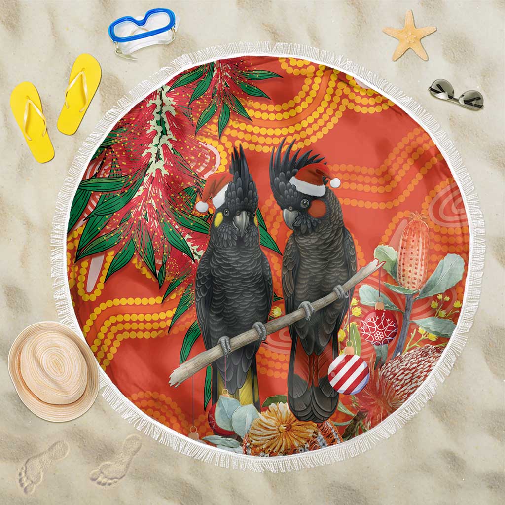 Australia Black Cockatoo Christmas Beach Blanket Banksia Bottlebrush Aboriginal Art - Aussie Hoodie