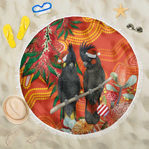Australia Black Cockatoo Christmas Beach Blanket Banksia Bottlebrush Aboriginal Art - Aussie Hoodie
