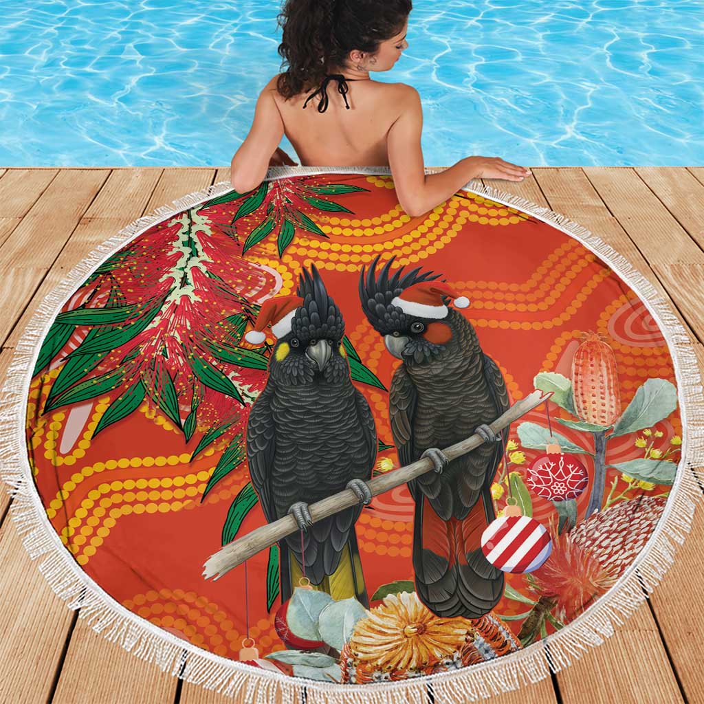 Australia Black Cockatoo Christmas Beach Blanket Banksia Bottlebrush Aboriginal Art - Aussie Hoodie