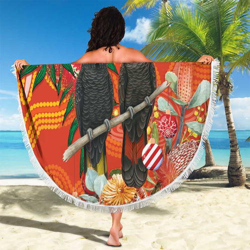 Australia Black Cockatoo Christmas Beach Blanket Banksia Bottlebrush Aboriginal Art - Aussie Hoodie