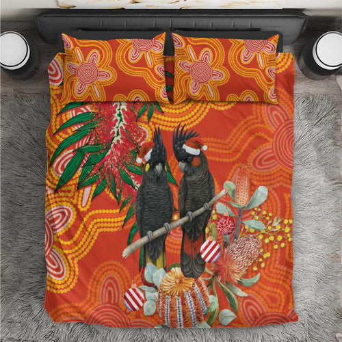 Australia Black Cockatoo Christmas Bedding Set Banksia Bottlebrush Aboriginal Art - Aussie Hoodie