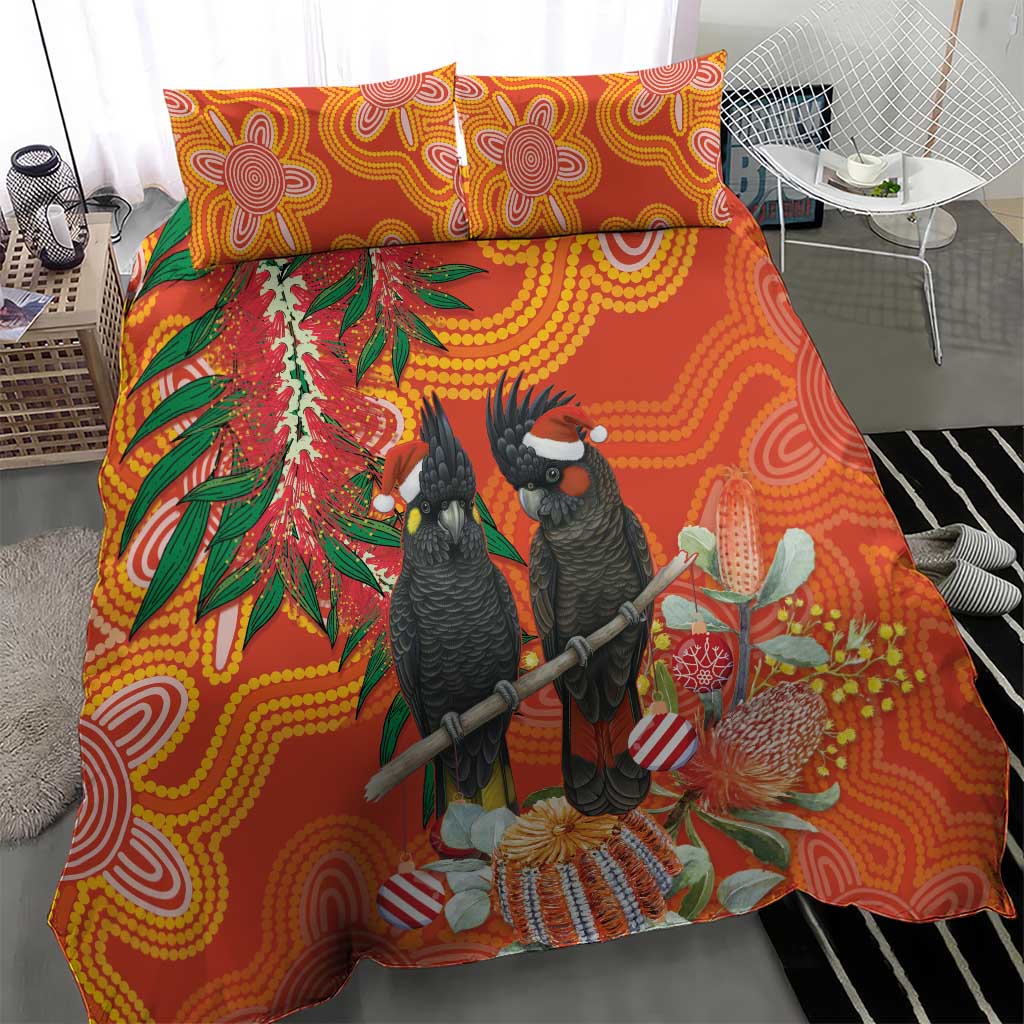 Australia Black Cockatoo Christmas Bedding Set Banksia Bottlebrush Aboriginal Art - Aussie Hoodie