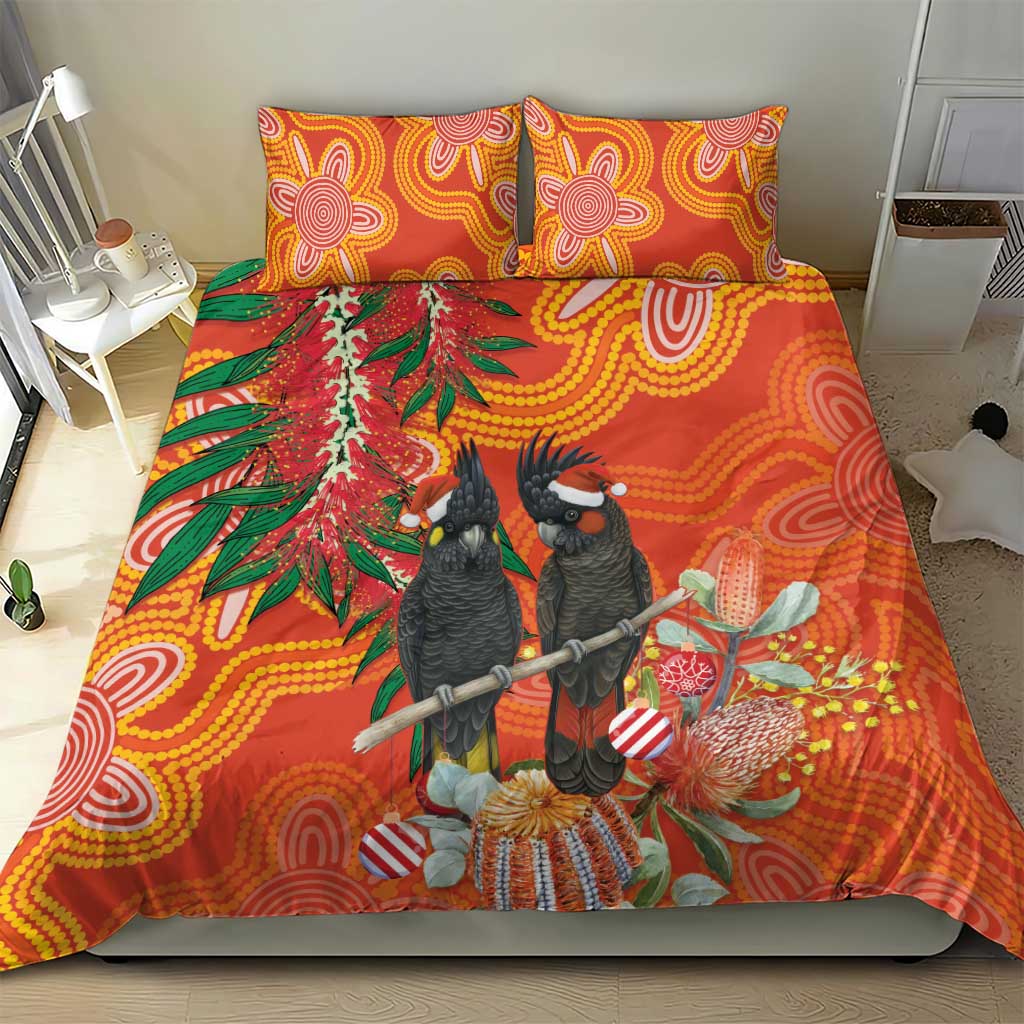 Australia Black Cockatoo Christmas Bedding Set Banksia Bottlebrush Aboriginal Art - Aussie Hoodie