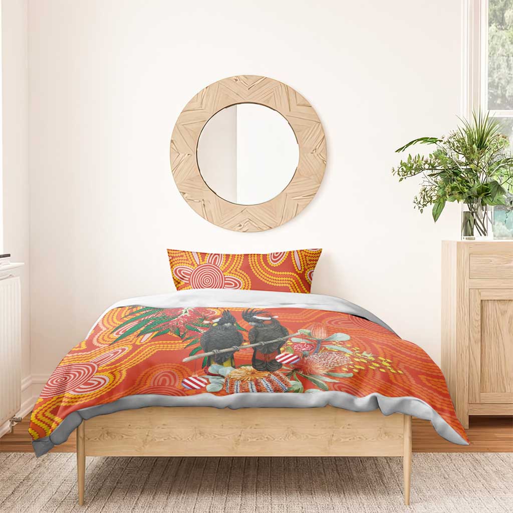Australia Black Cockatoo Christmas Bedding Set Banksia Bottlebrush Aboriginal Art - Aussie Hoodie