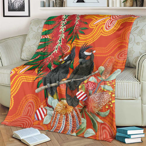 Australia Black Cockatoo Christmas Blanket Banksia Bottlebrush Aboriginal Art - Aussie Hoodie