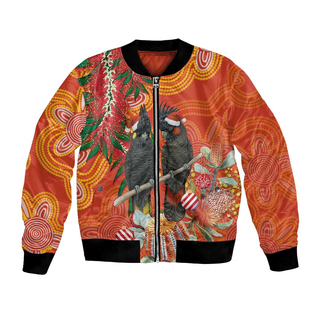 Australia Black Cockatoo Christmas Bomber Jacket Banksia Bottlebrush Aboriginal Art - Aussie Hoodie
