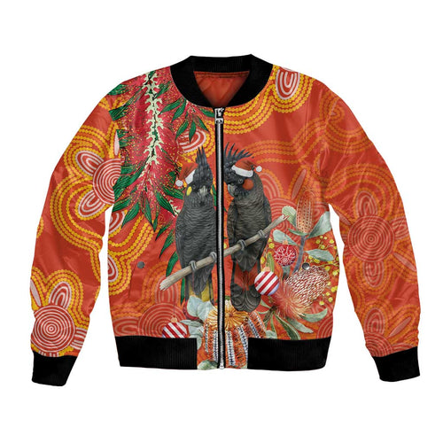 Australia Black Cockatoo Christmas Bomber Jacket Banksia Bottlebrush Aboriginal Art - Aussie Hoodie