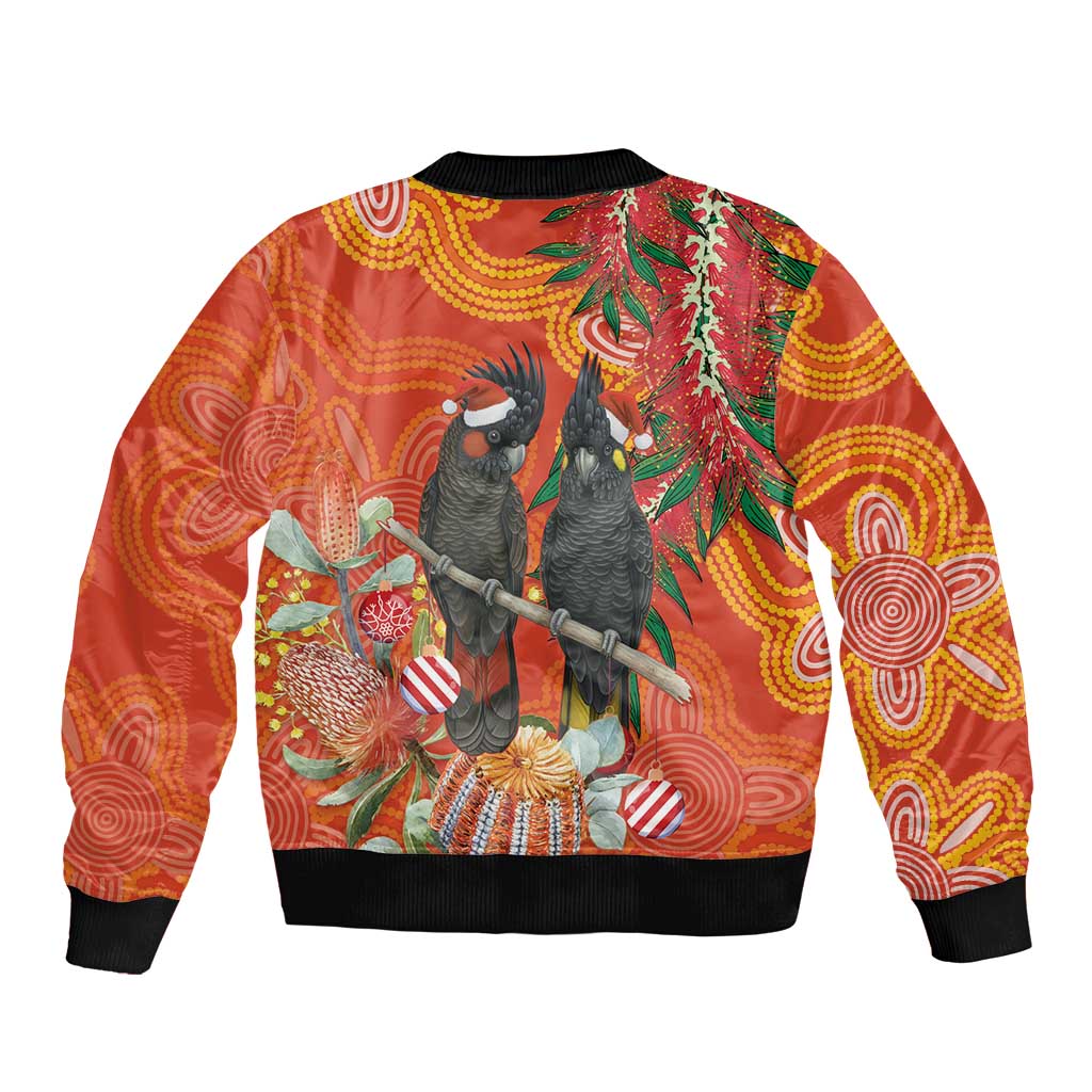 Australia Black Cockatoo Christmas Bomber Jacket Banksia Bottlebrush Aboriginal Art - Aussie Hoodie
