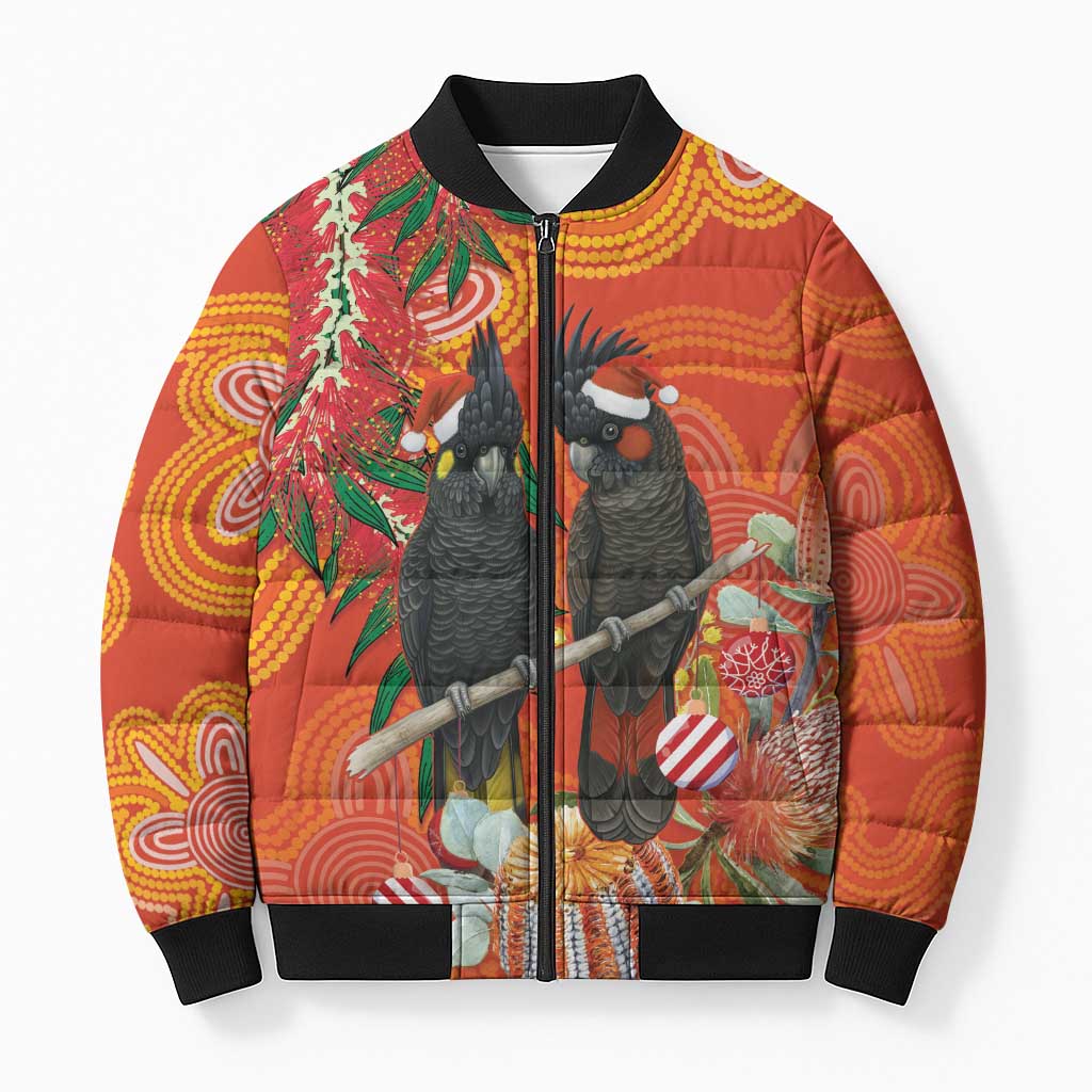 Australia Black Cockatoo Christmas Bomber Puffer Jacket Banksia Bottlebrush Aboriginal Art - Aussie Hoodie