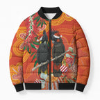 Australia Black Cockatoo Christmas Bomber Puffer Jacket Banksia Bottlebrush Aboriginal Art - Aussie Hoodie