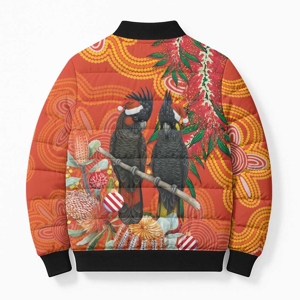 Australia Black Cockatoo Christmas Bomber Puffer Jacket Banksia Bottlebrush Aboriginal Art - Aussie Hoodie