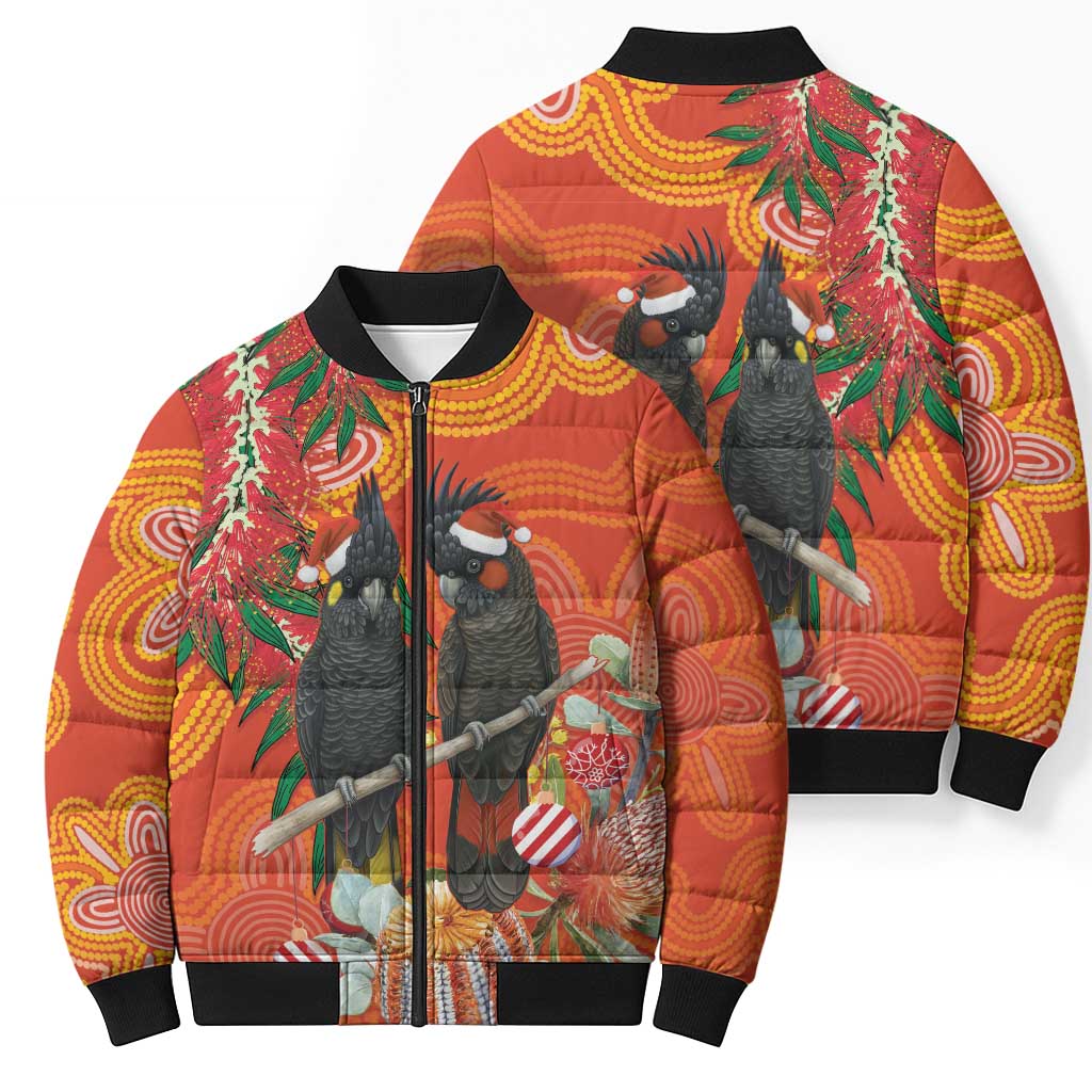 Australia Black Cockatoo Christmas Bomber Puffer Jacket Banksia Bottlebrush Aboriginal Art - Aussie Hoodie