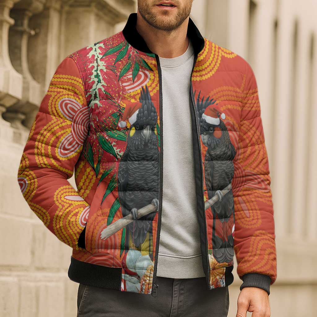 Australia Black Cockatoo Christmas Bomber Puffer Jacket Banksia Bottlebrush Aboriginal Art - Aussie Hoodie