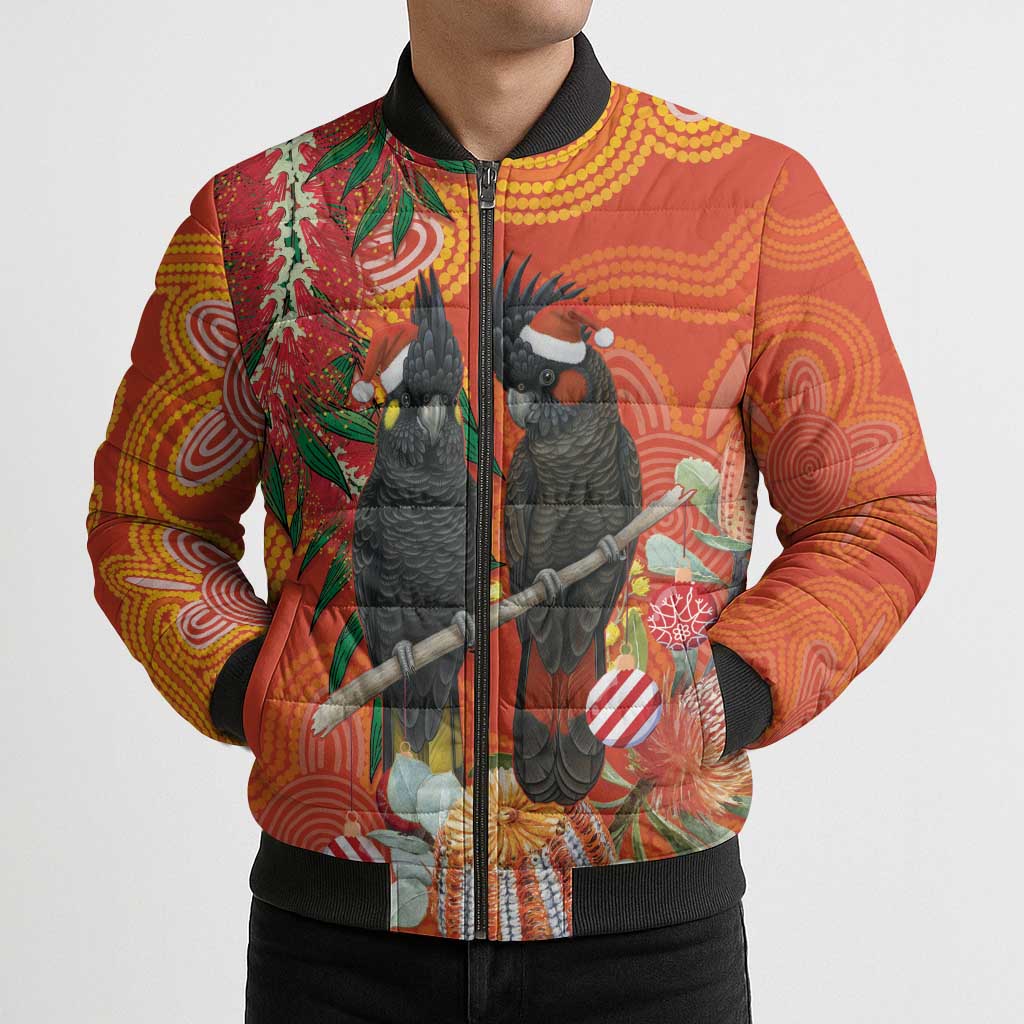 Australia Black Cockatoo Christmas Bomber Puffer Jacket Banksia Bottlebrush Aboriginal Art - Aussie Hoodie