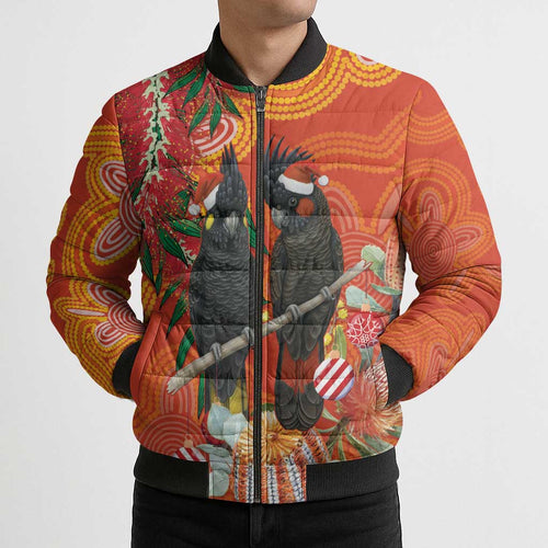 Australia Black Cockatoo Christmas Bomber Puffer Jacket Banksia Bottlebrush Aboriginal Art - Aussie Hoodie