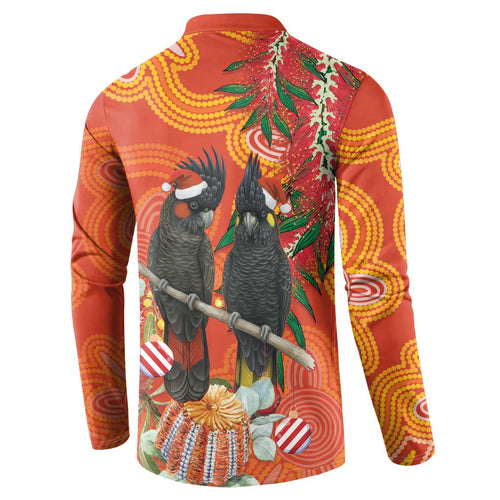 Australia Black Cockatoo Christmas Button Sweatshirt Banksia Bottlebrush Aboriginal Art - Aussie Hoodie