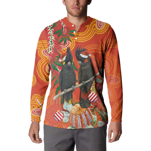 Australia Black Cockatoo Christmas Button Sweatshirt Banksia Bottlebrush Aboriginal Art - Aussie Hoodie