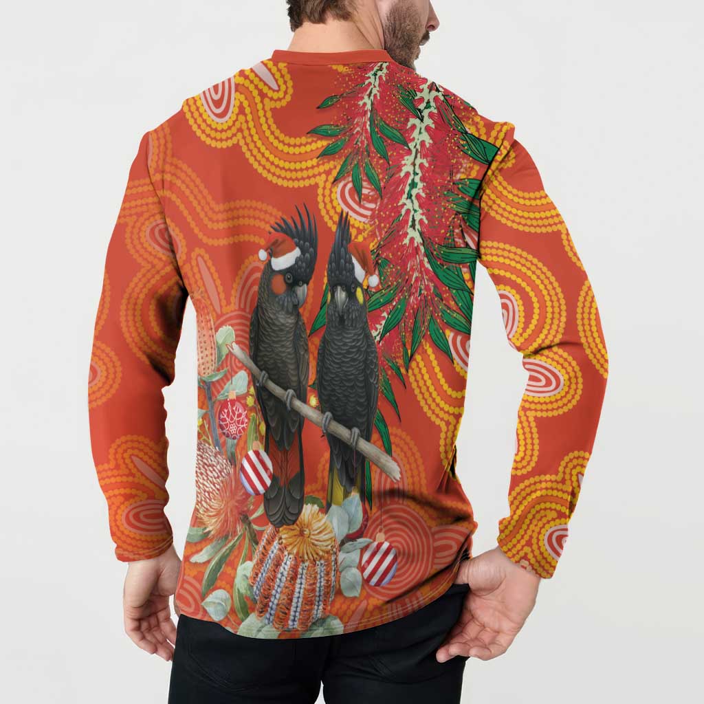 Australia Black Cockatoo Christmas Button Sweatshirt Banksia Bottlebrush Aboriginal Art - Aussie Hoodie