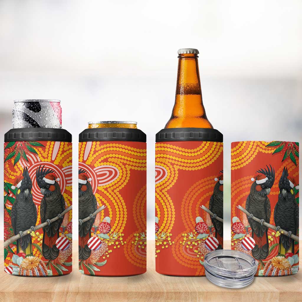 Australia Black Cockatoo Christmas 4 in 1 Can Cooler Tumbler Banksia Bottlebrush Aboriginal Art - Aussie Hoodie