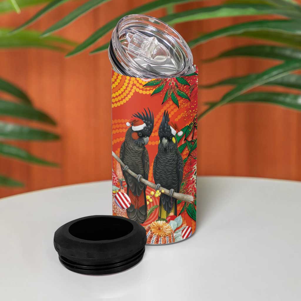 Australia Black Cockatoo Christmas 4 in 1 Can Cooler Tumbler Banksia Bottlebrush Aboriginal Art - Aussie Hoodie