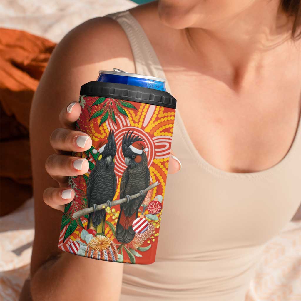 Australia Black Cockatoo Christmas 4 in 1 Can Cooler Tumbler Banksia Bottlebrush Aboriginal Art - Aussie Hoodie