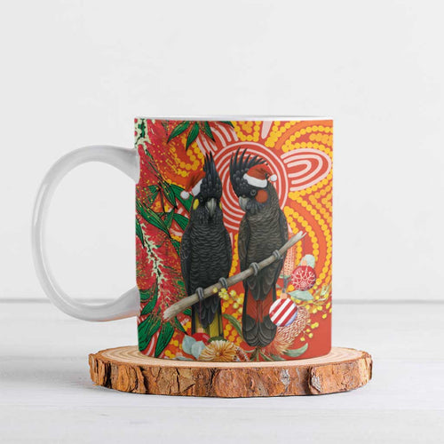 Australia Black Cockatoo Christmas Ceramic Mug Banksia Bottlebrush Aboriginal Art - Aussie Hoodie