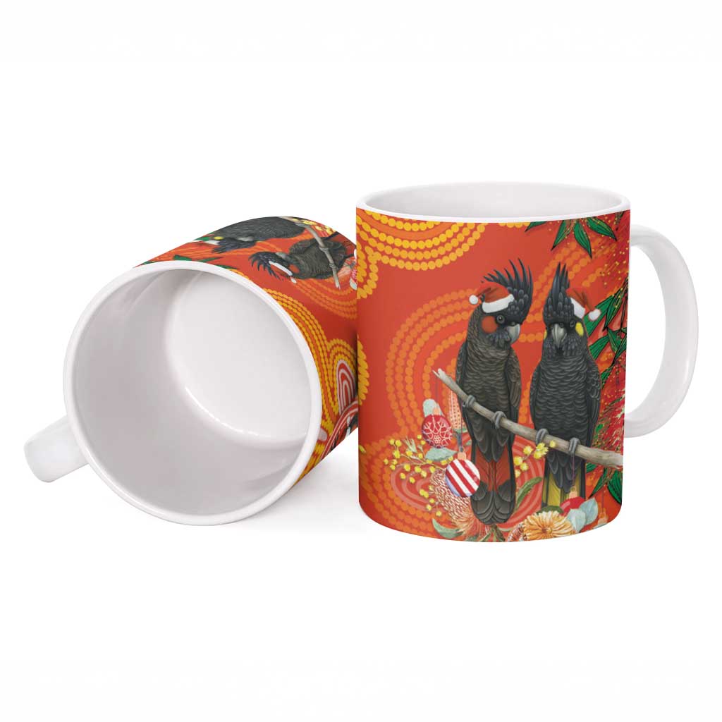Australia Black Cockatoo Christmas Ceramic Mug Banksia Bottlebrush Aboriginal Art - Aussie Hoodie