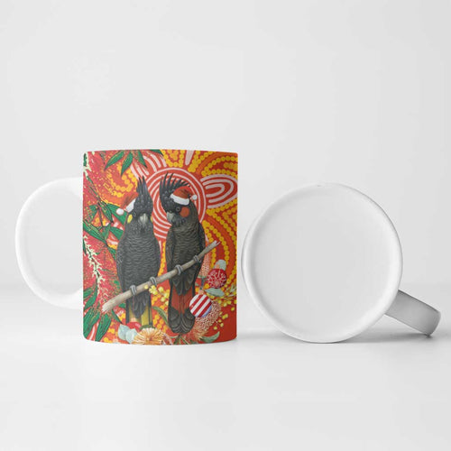 Australia Black Cockatoo Christmas Ceramic Mug Banksia Bottlebrush Aboriginal Art - Aussie Hoodie