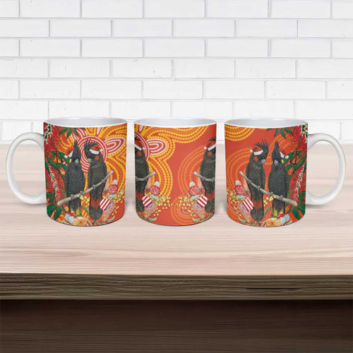 Australia Black Cockatoo Christmas Ceramic Mug Banksia Bottlebrush Aboriginal Art - Aussie Hoodie