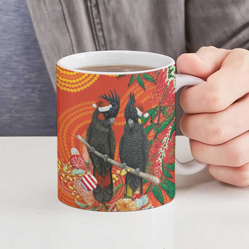 Australia Black Cockatoo Christmas Ceramic Mug Banksia Bottlebrush Aboriginal Art - Aussie Hoodie