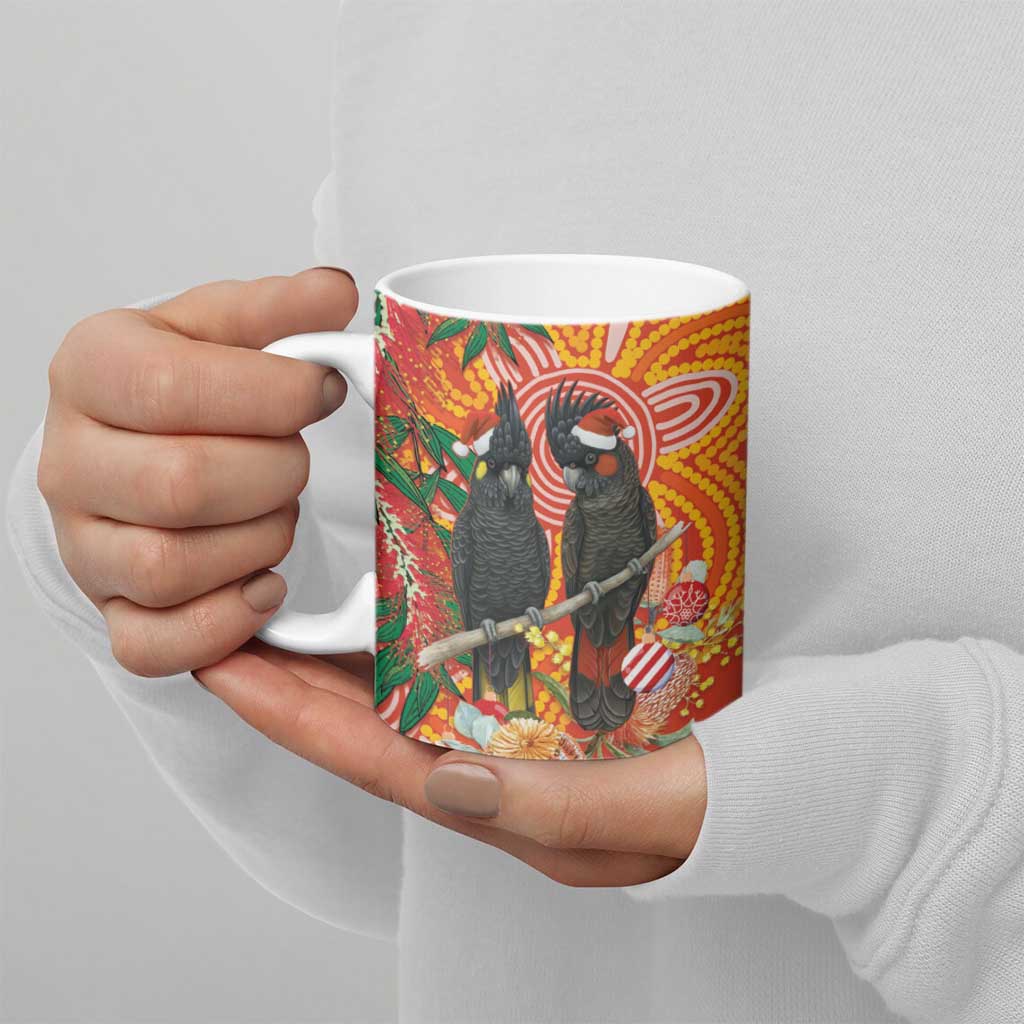 Australia Black Cockatoo Christmas Ceramic Mug Banksia Bottlebrush Aboriginal Art - Aussie Hoodie