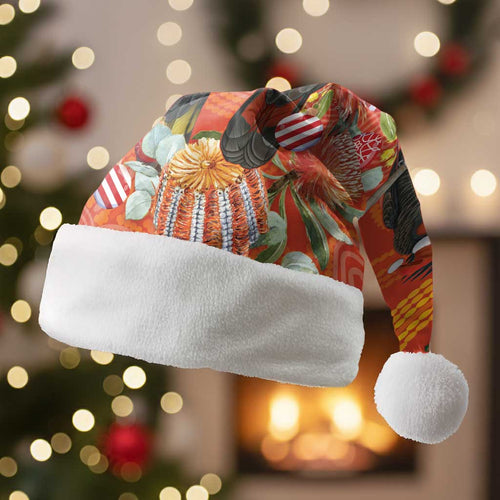 Australia Black Cockatoo Christmas Santa Hat Banksia Bottlebrushe Aboriginal Art - Aussie Hoodie