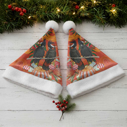 Australia Black Cockatoo Christmas Santa Hat Banksia Bottlebrushe Aboriginal Art - Aussie Hoodie