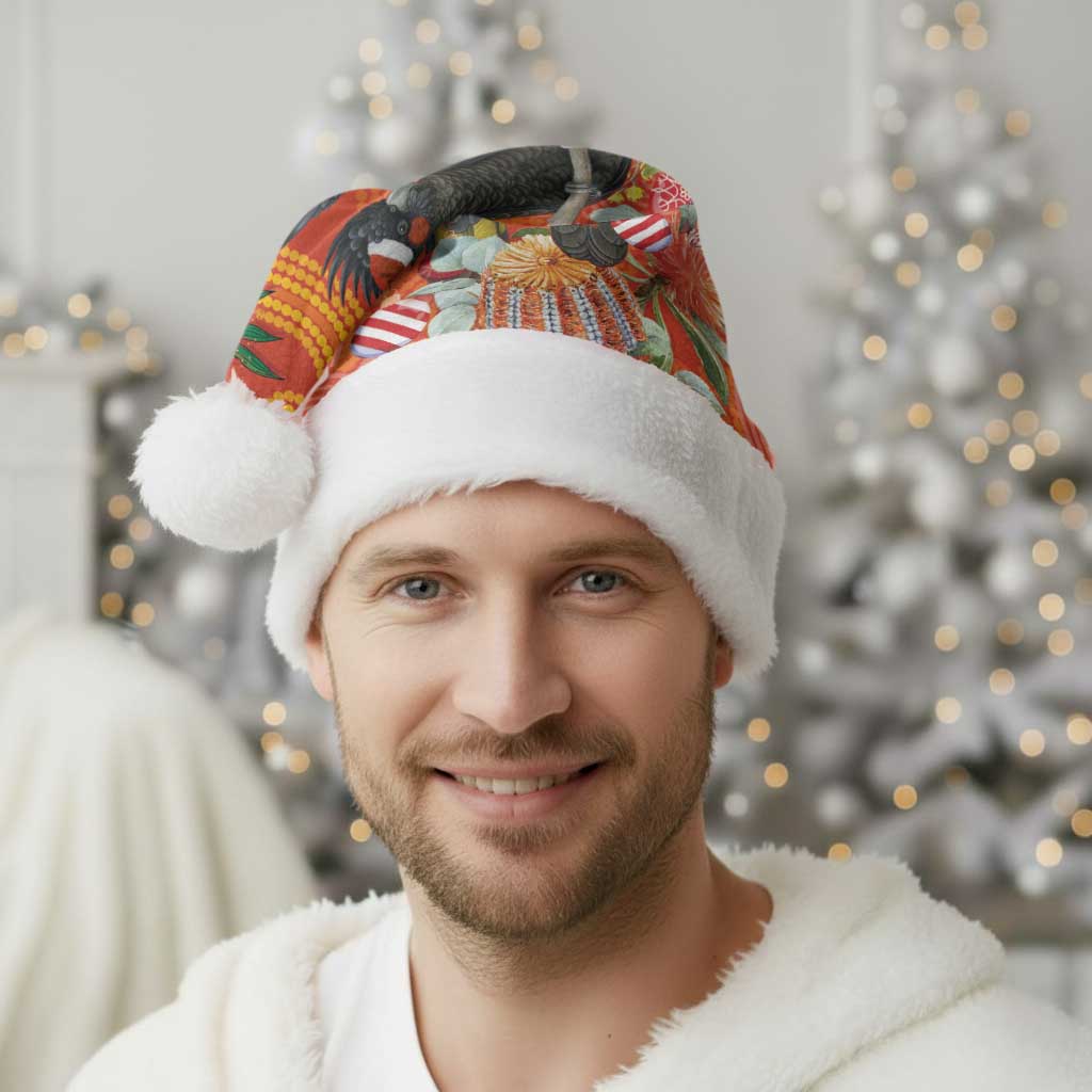 Australia Black Cockatoo Christmas Santa Hat Banksia Bottlebrushe Aboriginal Art - Aussie Hoodie