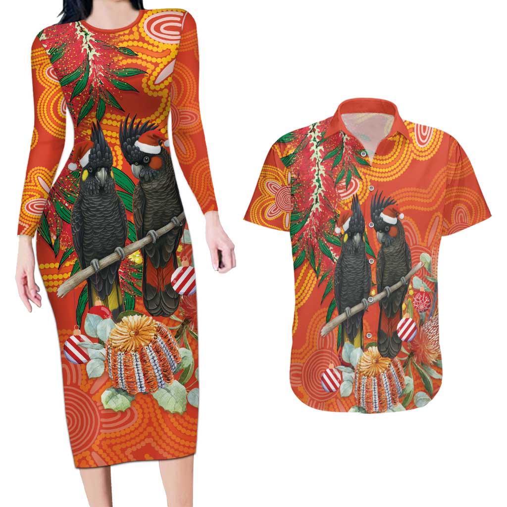 Australia Black Cockatoo Christmas Couples Matching Long Sleeve Bodycon Dress and Hawaiian Shirt Banksia Bottlebrush Aboriginal Art - Aussie Hoodie