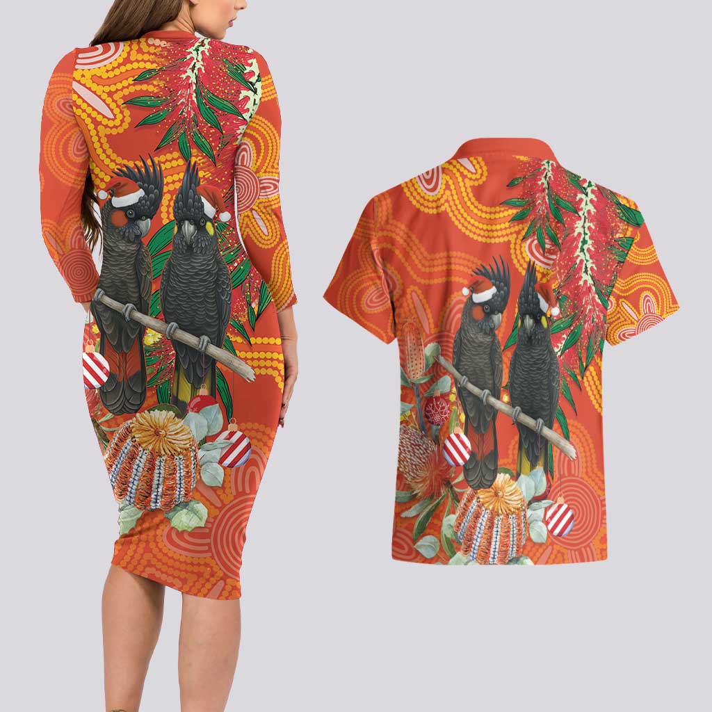 Australia Black Cockatoo Christmas Couples Matching Long Sleeve Bodycon Dress and Hawaiian Shirt Banksia Bottlebrush Aboriginal Art - Aussie Hoodie