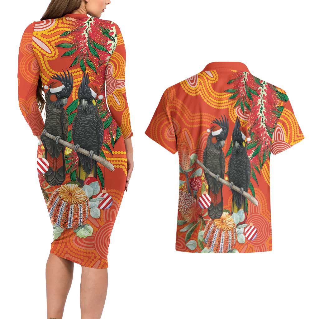 Australia Black Cockatoo Christmas Couples Matching Long Sleeve Bodycon Dress and Hawaiian Shirt Banksia Bottlebrush Aboriginal Art - Aussie Hoodie
